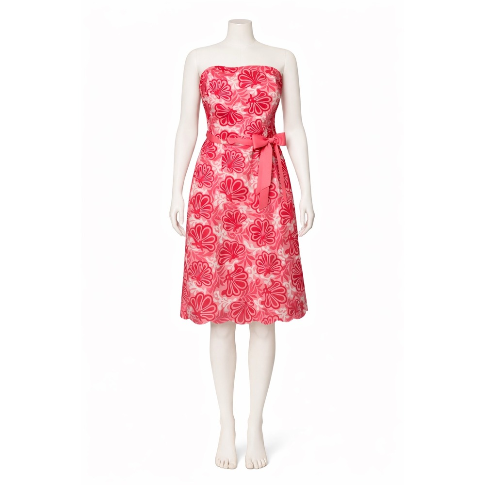 Lilly Pulitzer Pink Shell Print Strapless Cotton Dress Scalloped Hem Sz 12